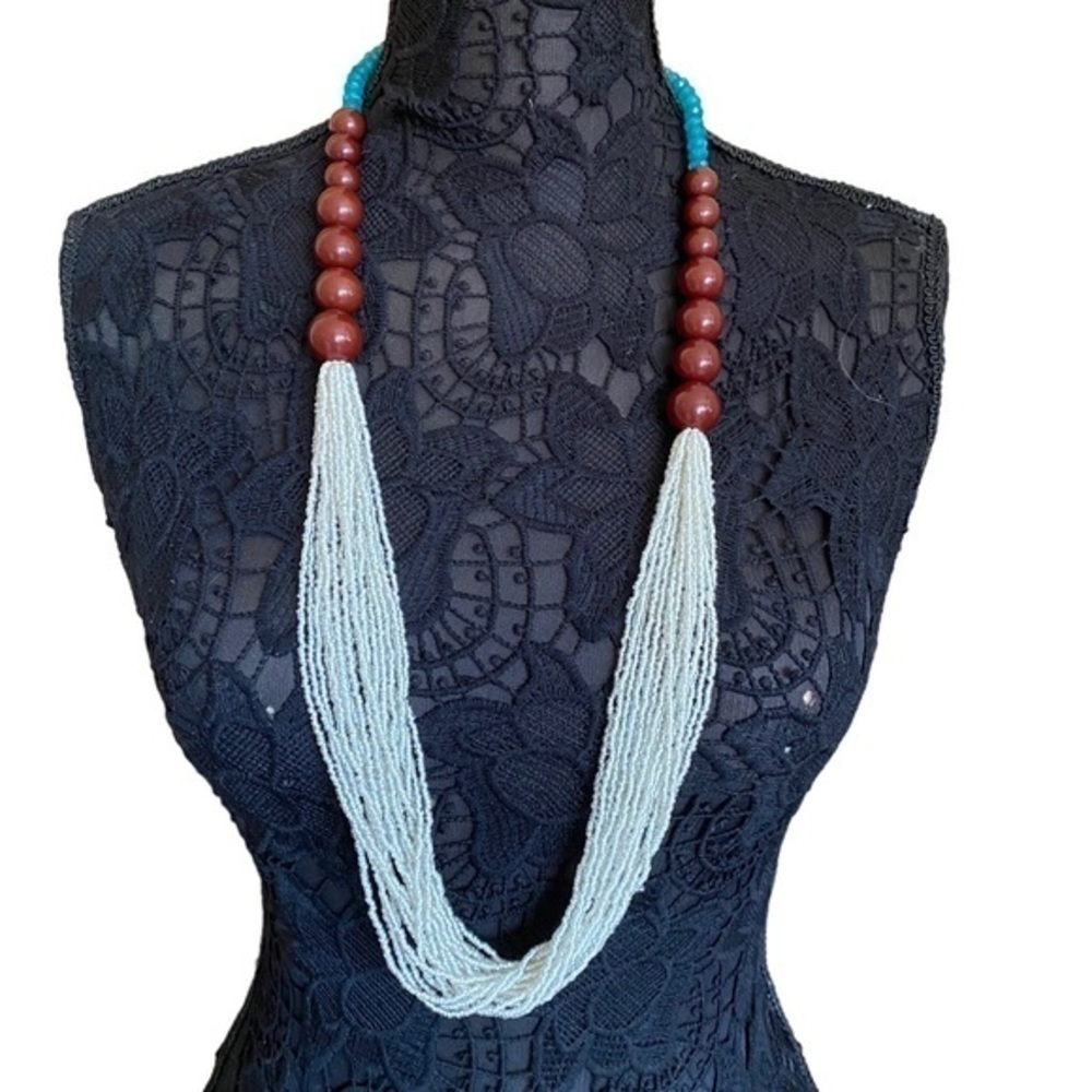 Anthropologie Tribal Cream Beaded Teal Green Crystal Wood Necklace NEW